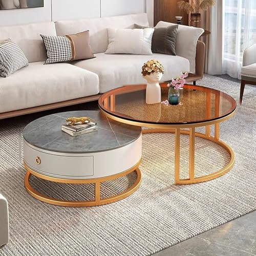 Industrielle Couchtische 2er-Set, goldener Metallrahmen, klare Glasplatte, runder Beistelltisch, Nistset für Wohnzimmer, Schlafzimmer, Büro, Wohnung