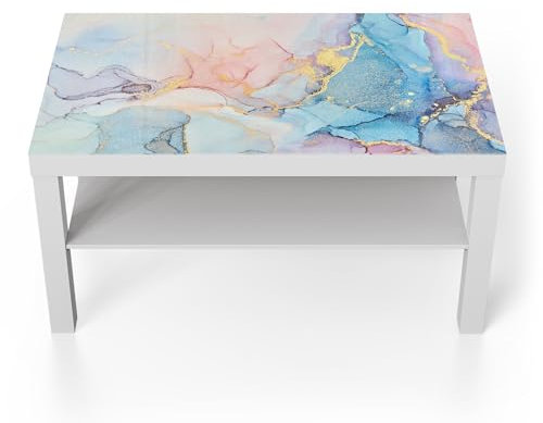 DEQORI Glastisch | weiß groß 90x50 cm | Motiv Goldene Strömung | ausgefallener Beistelltisch aus Glas | Hochglanz Couchtisch fürs Wohnzimmer | moderner Couch Tisch mit Design