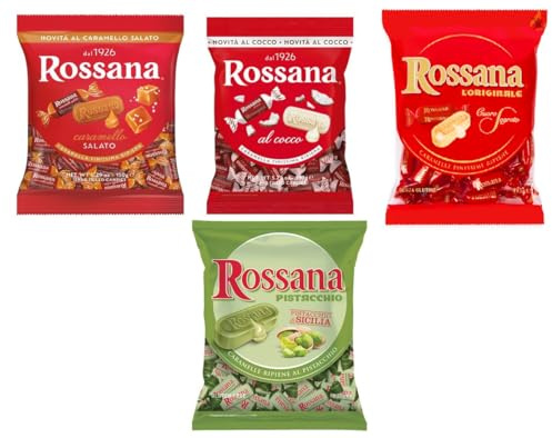 Mix Caramelle Rossana Caramella Ripiene di Crema Classica 175g, al Cocco 150g, Pistacchio 135g e Caramello Salato 150g [4 confezioni totali]
