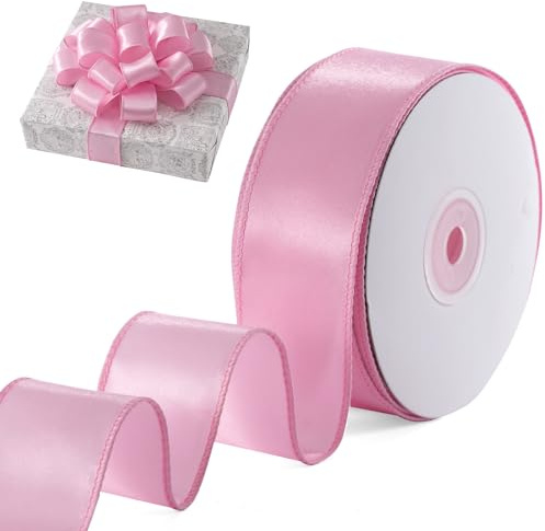 FAKILO Geschenkband Satinband mit Draht 38 mm x 18 m Schleifenband Rosa Drahtband dient als Geschenkband, Christbaumband, Schmuckband für Kränze, Bastelband und Hochzeitsband