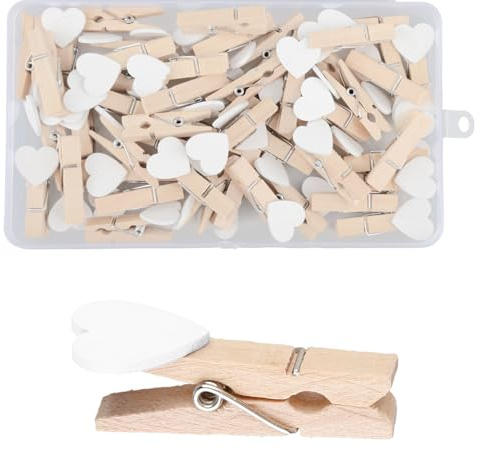 Tabanzhe 50PCS Mini Wooden Heart Pegs-Cute Small Photo Clips Pins 3.5 cm Tiny Clothes Pegs Decorative Pegs for Arts and Crafts Wedding Card Picture Hanging Wall Decoration(White)