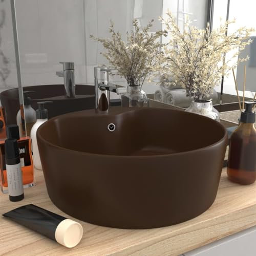 Gecheer Lavandino con Troppopieno Marrone Scuro Opaco 36x13 cm Ceramica,Lavandino,lavandini,Lavello,Lavelli,da Bagno,d'Appoggio,Lavandino da Bagno Appoggio,Lavandino d'Appoggio,P147039