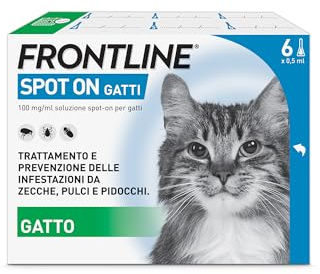 FRONTLINE Spot On, 6 Pipette, Gatto, Antiparassitario per Gatti e Gattini di Lunga Durata, Protegge da Zecche, Pulci e Pidocchi, Antipulci in Confezione da 6 Pipette da 0.5 ml