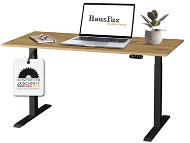 Hausfux Höhenverstellbarer Schreibtisch auf Maß - inkl. 2,5 cm starker, maßgefertigter Tischplatte - 2- oder 3-stufiges Gestell, OLED-Touchpanel (Artisan Eiche & Schwarz, 2-stufig, 160 x 80 cm)