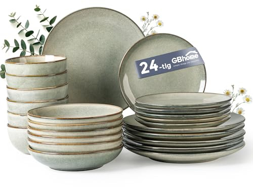 GBHOME Ceramic Dinnerware Sets for 6, 24 Pieces Handpainted Plates and Bowls Set, Scratch Resistant Stoneware Dishes Set, Dishwasher & Microwave Safe