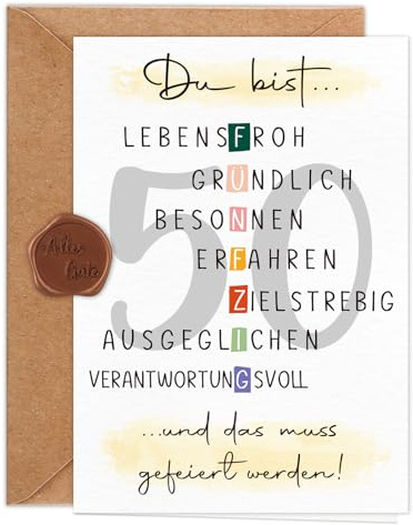Giftota Karte 50 Geburtstag Frau Mann (A6 Klappkarte mit Umschlag & Wachssiegel), Schöne Geschenkkarte zum 50. Geburtstag mit besonderen Designs, 50. Grußkarten für Freunde, Geliebte und Eltern