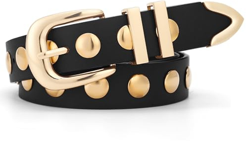 FOCAST Women Studded Belt for Jeans Dress Fashion Punk Leather Belt Black Belt With Gold/Silver Buckle Women (Gold Black, Fits Waist Size 26-31 inch)