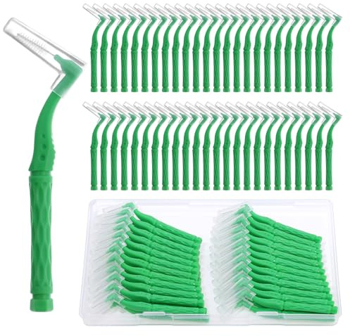 lanjue 50pcs Interdental Brushes, Green Soft Dental Brushes with Non-Slip Handle Angled Head Tooth Picks Floss Sticks Dental Floss Brushes for Braces Oral Cleaning Narrow Gaps Between Teeth