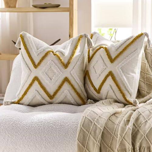 YULUOSHA 2-teiliges Set Dekorative Boho werfen Kissenbezüge weichen Plüsch Couch Kissenbezüge für Haus Lumbal gewebt natürliche Beige Kissen Fall texturierte gestreift gewebt (Gelb, 45x45cm)