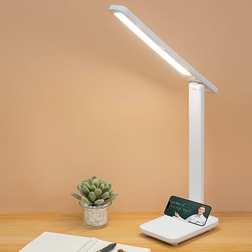 LED Desk Lamp with Stepless Dimming, 3 Colour Temperatures, Phone Stand, White