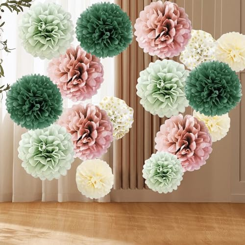 Bunt Seidenpapier Pompons, 16 Stück Partydekoration Pompons Set, Salbeigrün Rosa Olivgrün Beige Hängende Papier Pompoms für Hochzeit Deko Tischdeko Geburtstagsdeko Gartenparty Deko