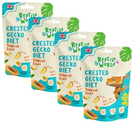 Reptile World Crested Gecko Diet - Tropical Fruit 60g x 4 | Complete Food for Geckos, All Natural, 65% Real Fruit, Made in the UK
