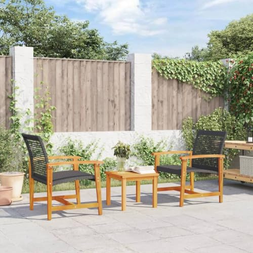 Qnhdfrt Bistro-Set Schwarz Poly Rattan und Akazienholz, 3-TLG. Gartenmöbel Set mit Tisch und 2 Stühlen, UV-beständig und witterungsfest für Balkon, Terrasse und Garten