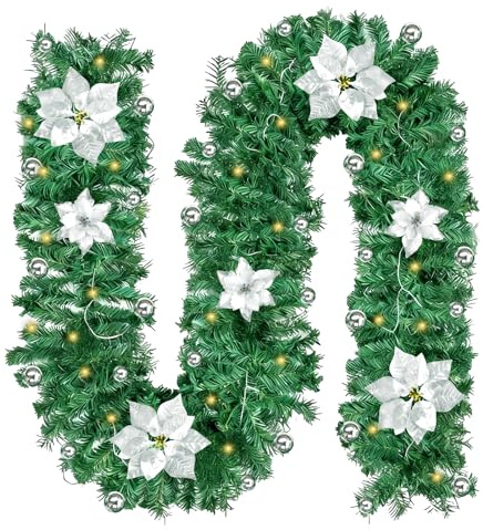 Guirnalda de Navidad con Luces, Afenau 2,7 m Guirnalda Navidad con Luces, Flores y Bolas, Guirnaldas Navidads para Escaleras, Puerta, Arco, Hogar, Exterior, Decoración