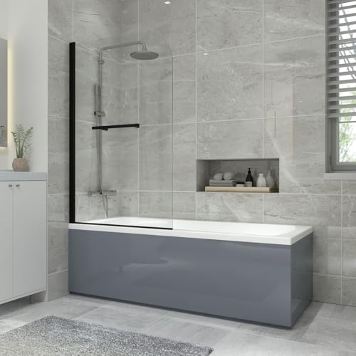 NRG 1700x700mm Bathroom Acrylic Straight Bath Bathtub + Black Round Bath Screen with Towel Rail and Grey Front & End Panel