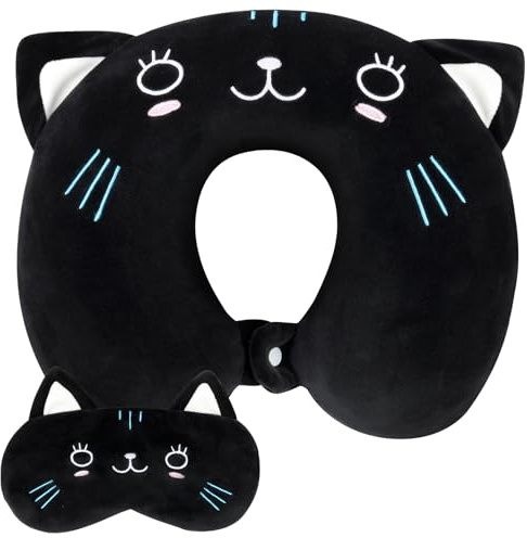 Alaoo Oreiller de Voyage en Mousse à mémoire avec Masque de Nuit, Chat Noir