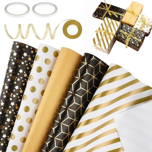 Schwarz-Gold Design Geschenkpapier Weihnachten Set mit Zubehör, Verpackungspapier Weihnachtspapier fur Christmas, Elegantes Papier Gold Schwarz für Kinder Familie Feste Geburtstag, 50×70CM
