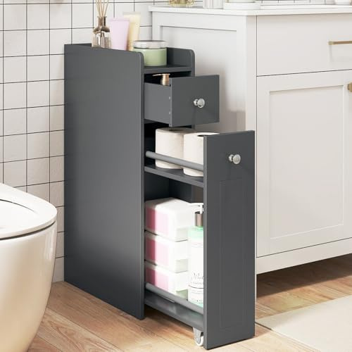 COSTWAY Petit Meuble Salle de Bain, Meuble Rangement WC 4 Niveaux, Tiroirs Coulissants sur roulettes, Armoire de Toilette avec Tiroir, pour Papier Toilette, Petit Espace, 40 x 18 x 70 cm (Gris)