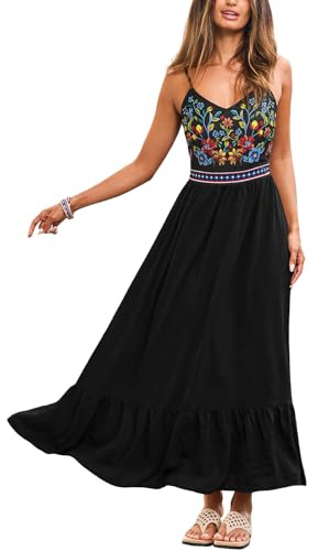 CUPSHE - Abito estivo da donna, lungo, stile bohémien, con spalline sottili, scollo a V, senza maniche, floreale, con nodo, svasato, per la spiaggia, Motivo floreale nero., XL