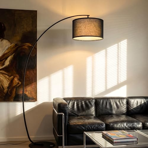 LuminexDesigns Bogenlampe Schwarz, 101cm Ausladung, E27 Stehlampe Modern | Flachrohr Design, H178 cm, drehbar Lampenkopf, Fußschalter und 3 Farbtemperatur für Wohnzimmer Sofa Esstisch OVEL FL22