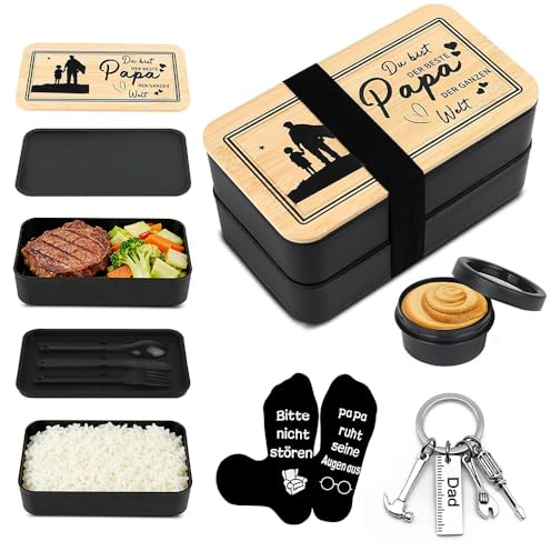 Nzkeuf Brotdose Geschenke für Papa mit Socken und Schlüsselanhänger, Geburtstagsgeschenk für Papa, Geschenk Vatertag, Geschenk Papa Geburtstag Bambus-Box-Deckel Gravur