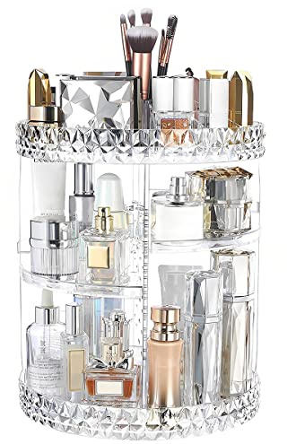 360° Rotating Makeup Organiser, 3 Tiers Makeup Display Stand with Compartment, Large Capacity Cosmetic Perfume Stand for Lipsticks, Jewelry and Nail Care, Cosmetic Display Box for Bedroom and Bathroom