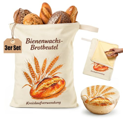 3er-Set Bienenwachs Brotbeutel, Wiederverwendbarer Brotbeutel, 43x32cm | Frischhaltende Baumwolltasche Frischhalten mit Bienenwachsbeschichtung, Schüsseldeckel, für Brot und Backwaren