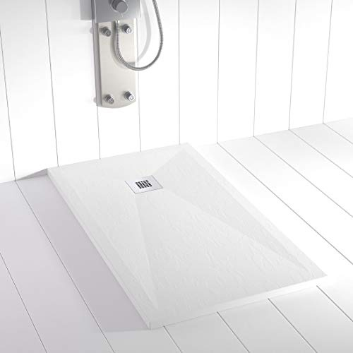 Plato de ducha resina PLES desagüe centrado color Blanco 140x70 textura pizarra antideslizante rejilla inox con válvula