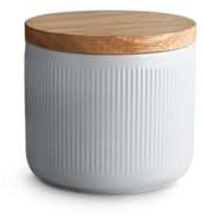 Springlane Keramik Vorratsdose 380 ml – Hellgrau mit Fluted Design & Holzdeckel – Aufbewahrungsdose 10,1 x 9 cm für Tee, Zucker, Gewürze