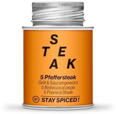 STAY SPICED ! 5 steaks au poivre I épices pour barbecue raffinées avec 5 variétés de poivre I finement moulu I Poivre à steak I 170 ml dans une élégante boîte en fer blanc