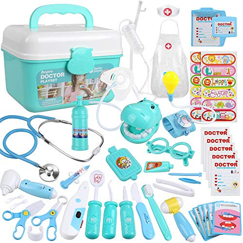 Anpro 46 pcs Maletin de Doctor y Enfermera, Juegos de Roles para Niños, Kit de Dentista con Estetoscopio y Abrigo, Regalo para Fiestas, Cumpleaños, Navidad