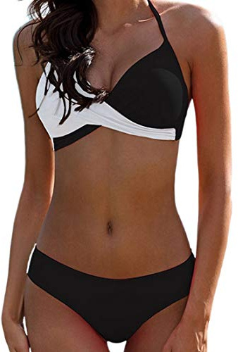 Bikini Elegante Traje de Baño Conjunto Bañador Halter Sexy Sólido para Mujer Ropa de Playa Traje de Baño Bikini Sets Talla Grande (Negro, XXL)