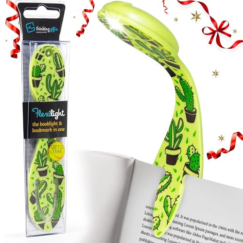 Thinking Gifts Flexilight LED 2-in-1 Book Light & Bookmark - Cactus | 2 Batteries Included, Book Light, Clip On Reading Light for Bed, 2in1 Light & Bookmark, Small & Lightweight with a Soft Glow