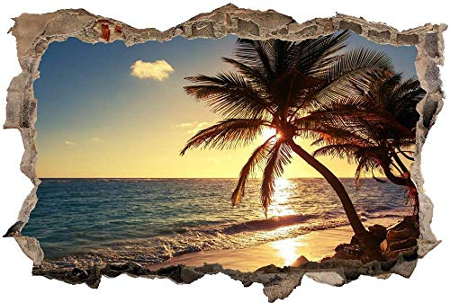 3D-Effekt Wandtattoo Aufkleber Durchbruch selbstklebendes Wandbild Wandsticker Stein Wanddurchbruch Wandaufkleber Tattoo,Sonnenuntergang Palmen Strand,Größe:80x125cm