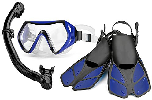 HGYJ Schnorchelpakete für Erwachsene, zusammenklappbarer vollständig trockener Schnorchel + Silikon-Tauchmaske 180 ° HD-Sichtfeld + verstellbare Flossen, Tauchen Schwimmen,Blue,ML/XL