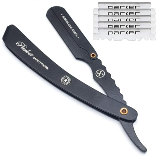 Parker SRXBLK Rasoir de barbier droit en acier inoxydable de type clip et 5 - Finition noire - ** JUSTE INTRODUIT POUR L'AUTOMNE 2022 **