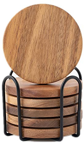 WLWNWFT Untersetzer Gläser Holz 6er Set, Glasuntersetzer aus Akazienholz mit Halter, Holz untersetzer Rund, Tassenuntersetzer Bierdeckel Set