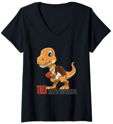 Womens Bowling Dino Strikes Again - Funny Bowling T-Rex V-Neck T-Shirt