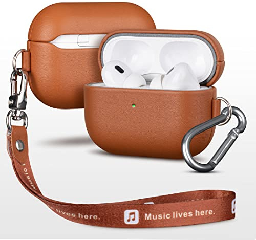 Haobobro Echtes Leder Hülle für AirPods Pro 2 Generation Case mit Karabiner | Handgefertigt AirPods Pro 2 Lederhülle - Stoßfest Air Pods Pro 2 Ledercase - Top Grain Leather Schutzhülle - Braun