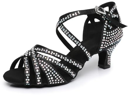 Rosefinch Zapatos de Baile Latino con Diamantes de imitación para Mujer,Moderno Pole Dance Baile de salón Zapatos de Boda Zapatos de latín para niñas Señoras Negro 5cm Tacón 35EU