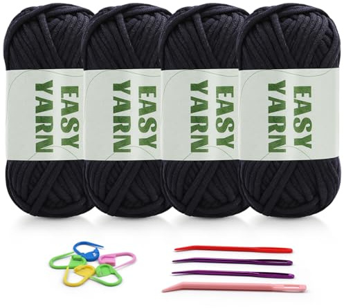 4 X 50g Dicke Wolle zum Gäkeln Easy Yarn Häkelwolle Für Anfänger | Wolle zum Häkelns Schlauchgarn zum Häkelns Häkelgarn Anfänger Häkeln Dicke Wolle gut Sichtbare Maschen Schwarz