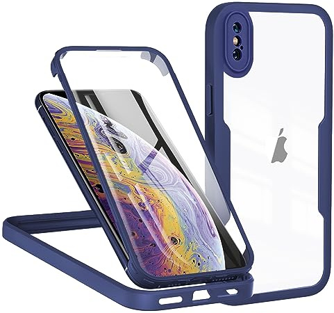 TVVTPU Funda para iPhone X/XS, 360 Grados Antigolpes Carcasa con Protector de Pantalla Integrado, Doble Cara Transparente Anti-Rayones Protection TPU Bumper Robusto Case - Azul