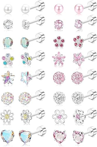 Diamday 16 par små stiftörhängen set allergivänliga kvinnor flickor kirurgiskt stål färgglada CZ hjärta blomma skruvlock piercing örhängen platt rygg örhängen flerfärgade söta broskörhängen, Rostfritt