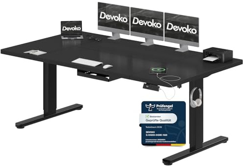 Devoko Höhenverstellbarer Schreibtisch 180x80cm mit Typ-C Ladeanschluss, Schreibtisch Höhenverstellbar Elektrisch, Mobiler Elektrisch Computertisch mit Kabel Management Tray, Schwarz