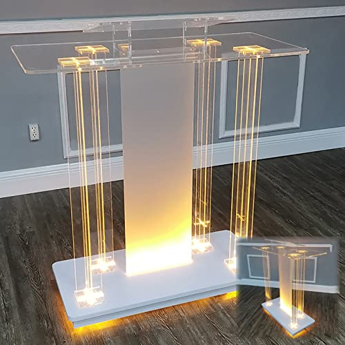 LaseVe Podium Acrylic Lectern Pulpit Church Podium LED Speech Podium with Wide Reading Surface, s for Churches with Casters for Event Reception School (Battery *1 : L100 x W40 x H116cm)