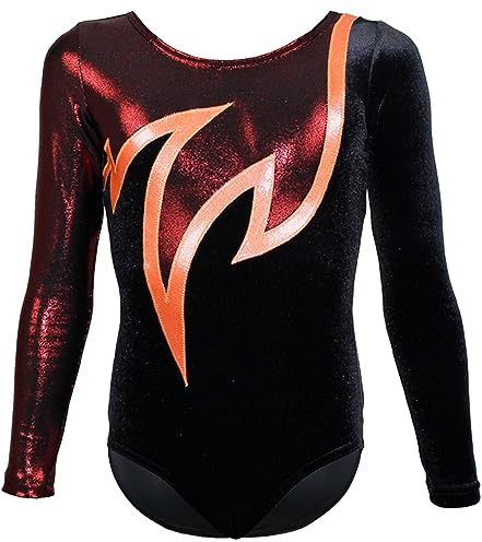 GymStern JAVA LANGARM Turnanzug für Mädchen – Blickdichter, eleganter Gymnastikanzug aus Samt/Stretch-Material – Bequem & MADE IN GERMANY Größe:110/116, Farbe: SAMT SCHWARZ-ROT-ORANGE