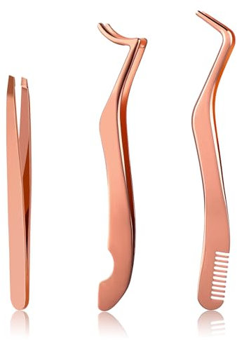 Ouligay 3 herramientas aplicadoras de pestañas, pinzas de pestañas postizas, rizador de pestañas curvado, extensión profesional de pestañas (oro rosa)