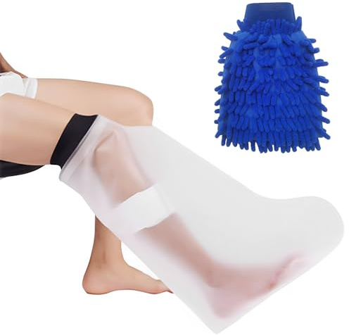 1 protection imperméable pour les jambes, 1 gant de nettoyage, protection imperméable pour plâtre des jambes, protection imperméable pour les membres lors du bain, design demi-jambe pour adultes