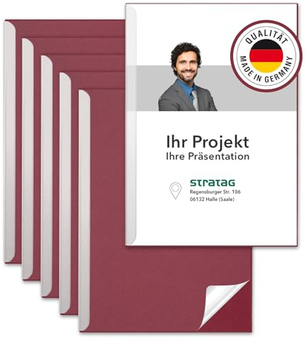 STRATAG Klemmschienen-Set (20 Stück) mit transparentem Deckel aus PP Kunststoff sowie Binderücken aus stabilem 350 g/m² Karton (Klemmmappe A4 Granatrot)