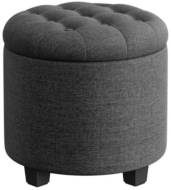 SONGMICS Sitzhocker rund, Fußhocker mit Stauraum, Schminkhocker mit Füßen, 45 x 45 x 44,5 cm, Leinenimitat, bis 150 kg belastbar, für Wohnzimmer Schlafzimmer, dunkelgrau LOM011G01V1